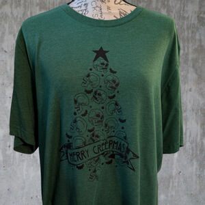 Merry Creepmas Gothic Christmas Tree Skull T-Shirt, Green Medium